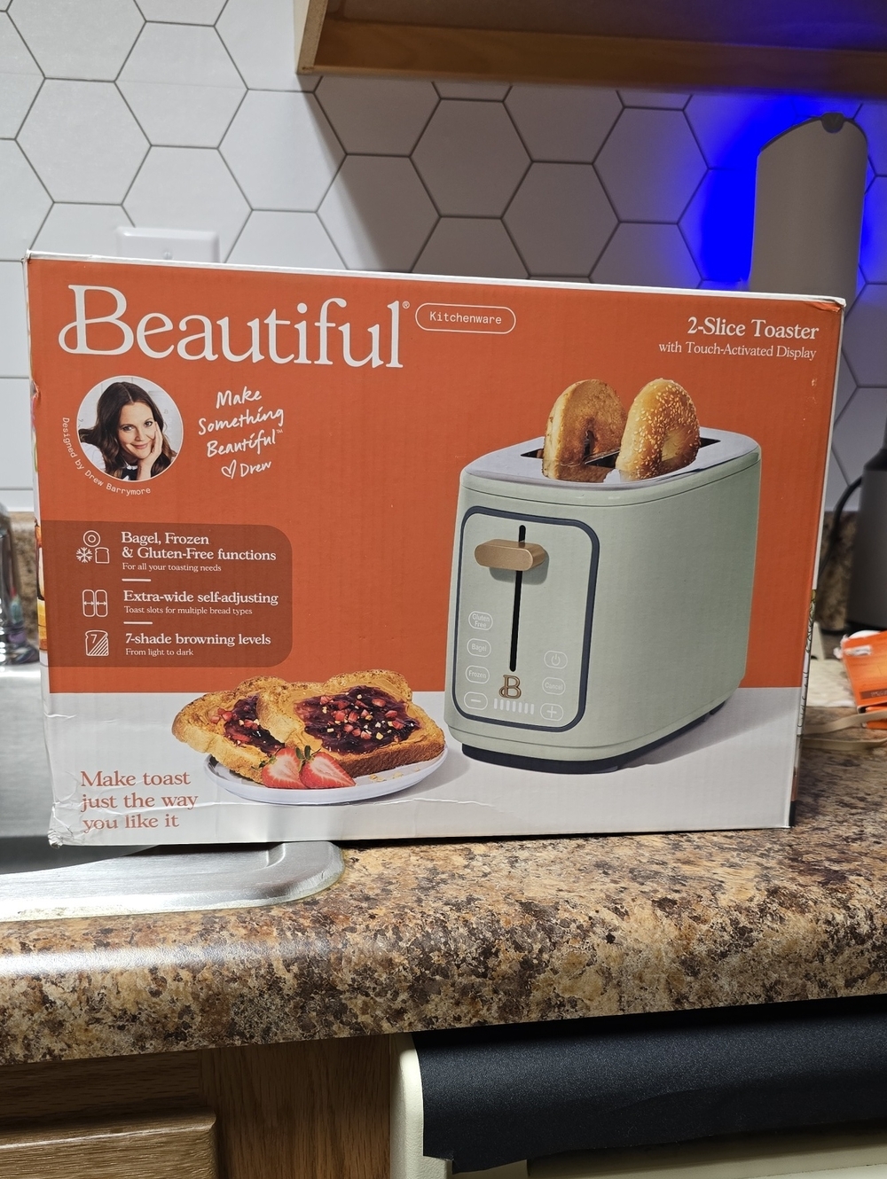 Brand new, Drew Berrymore. 2-Slice sage Toaster with Touch-Activated Display